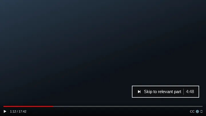 A drawn video player stand-in with a Skip to relevant part 4:48 button above its control bar.
